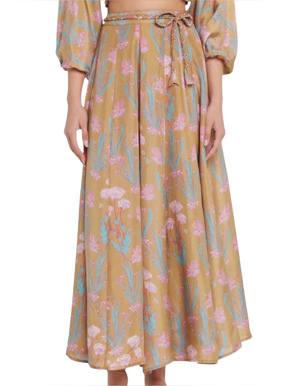 Hannah Artwear Dahlia Silk Floral Braided Belt A-Line Midi Skirt, Size H1=US S